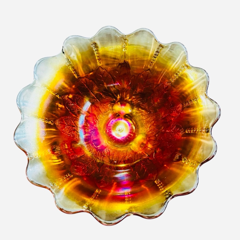 Antique Northwood Carnival Glass Leaf And Beads 3 Footed Marigold Nut Bowl